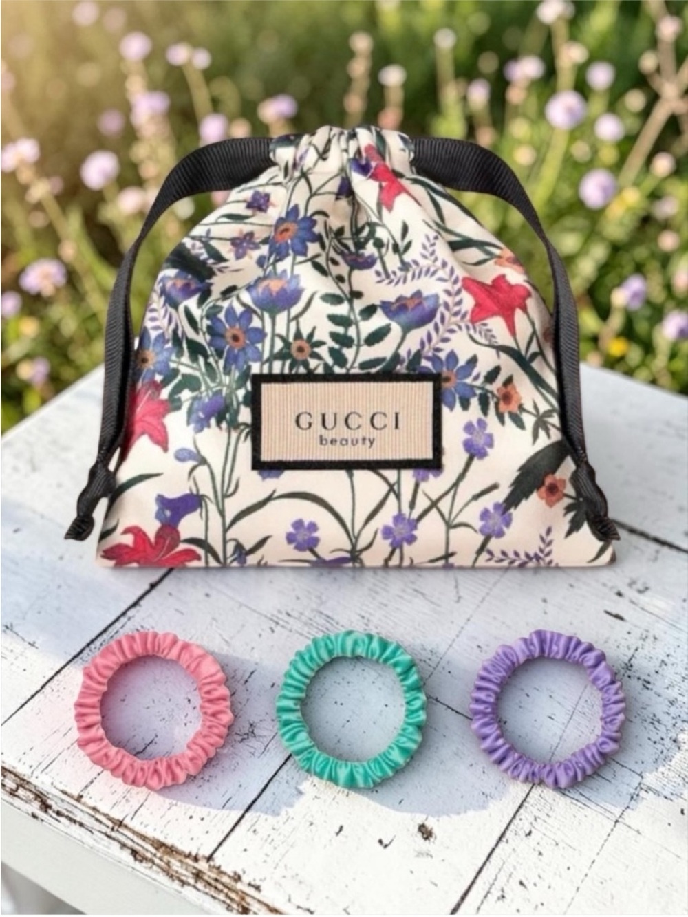 Gucci Beauty Flora Satin Scrunchie Trio & Floral Drawstring Pouch Set - NWOT